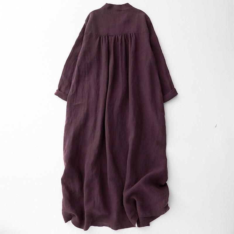 Spring and Autumn Women's Cotton and Linen V-neck Open Door Placket Two-wear Long-sleeved Slimming Dress