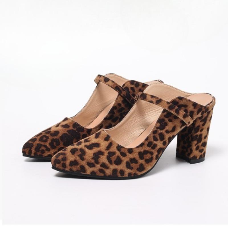 Fashion High Heels Women Chunky Slippers Summer Leopard Pointed Toe Shose Shallow Elegant Dress Pumps 2025 New Fad Zapatillas De Mujer