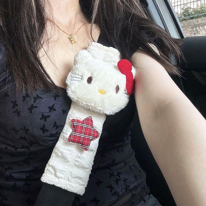 

Kitty Cat Car Seat Belt Shoulder Pad Cute Cartoon Fashion Car Seat Belt Anti-Wear Decorative Interior for Women Red Knot Kt Red Check Star + Puff Shoulder Pad X 1