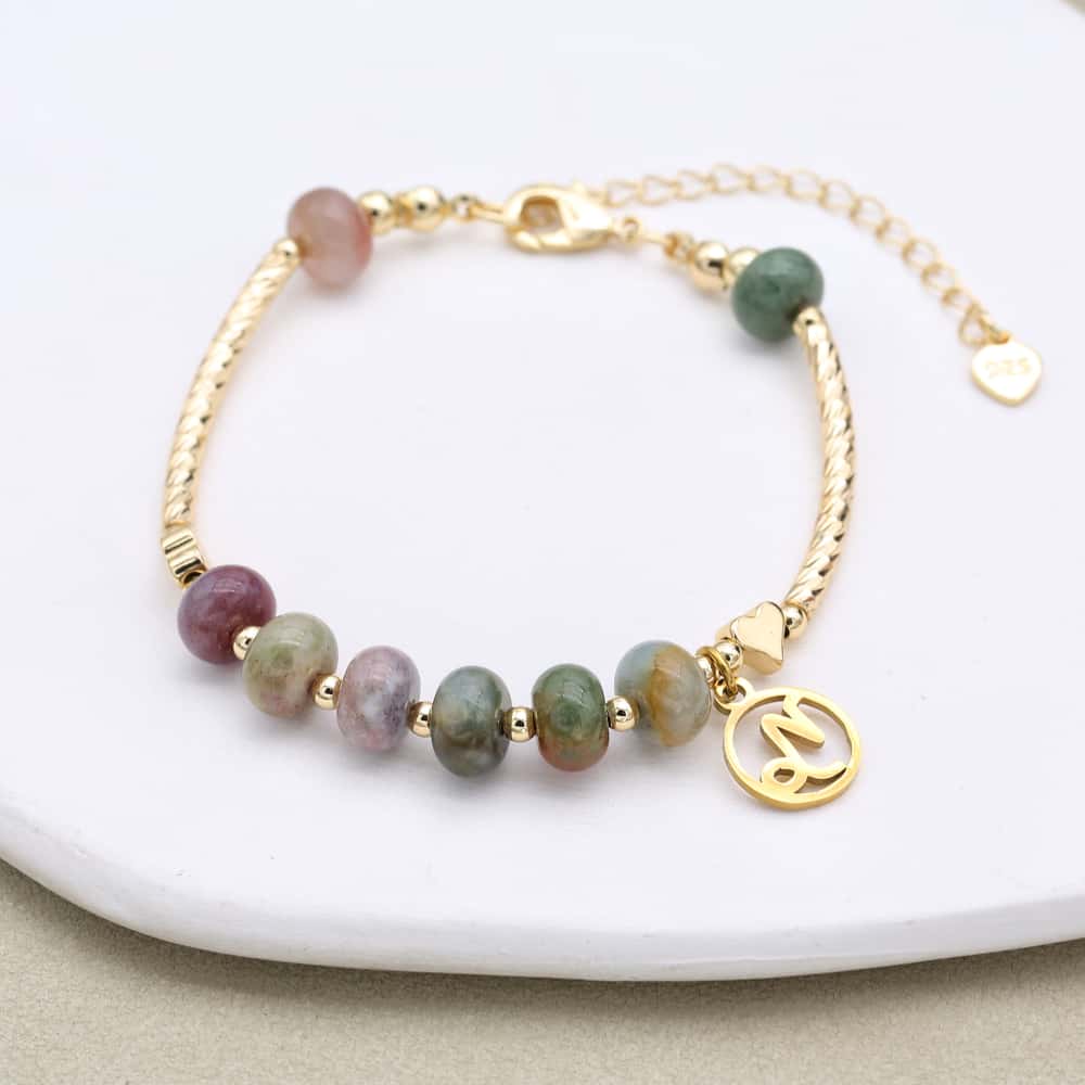 Women Constellation Zodiac Charm Strand Bracelet Natural Stone Indian Jasper Beads Gold Plated Fashion Jewelry Gifts