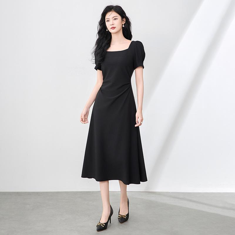 

Французское платье с квадратным вырезом, пышными рукавами и длинным подолом - Элегантный женский летний стиль, суперэластичное XXL чёрный