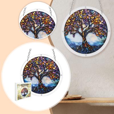 Round Tree of Life Hanging Window Decoration Acrylic Puzzle Sun Catcher Garden Ornament with Chain for Indoor Outdoor Display