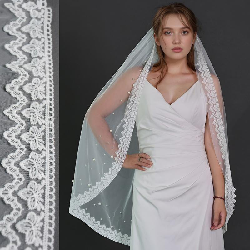 Elegant Floral Veils For Wedding Bride Lightweight Pearls Breathable Fabric Headpiece Formal Occasion