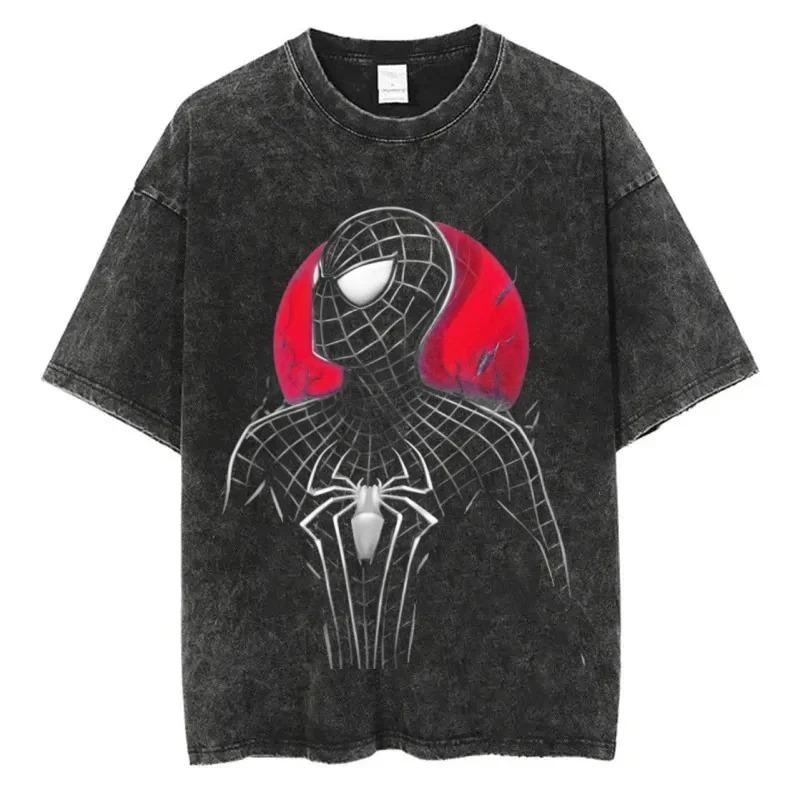 American Superhero Spider-Man Graphic Print T-Shirt Men Women Vintage Washed Cotton Summer New Tee Streetwear Hip Hop Harajuku Fashion Oversized Top