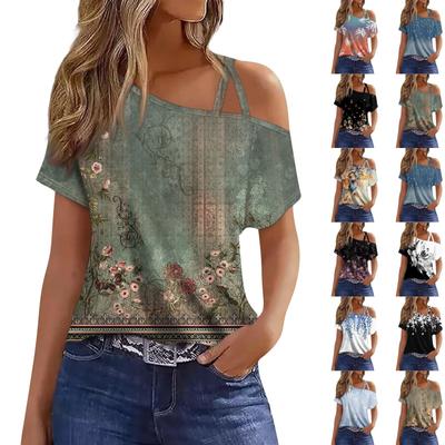Women's Fashion Casual Print Sexy Cold Shoulder Short Sleeve T-shirt Top