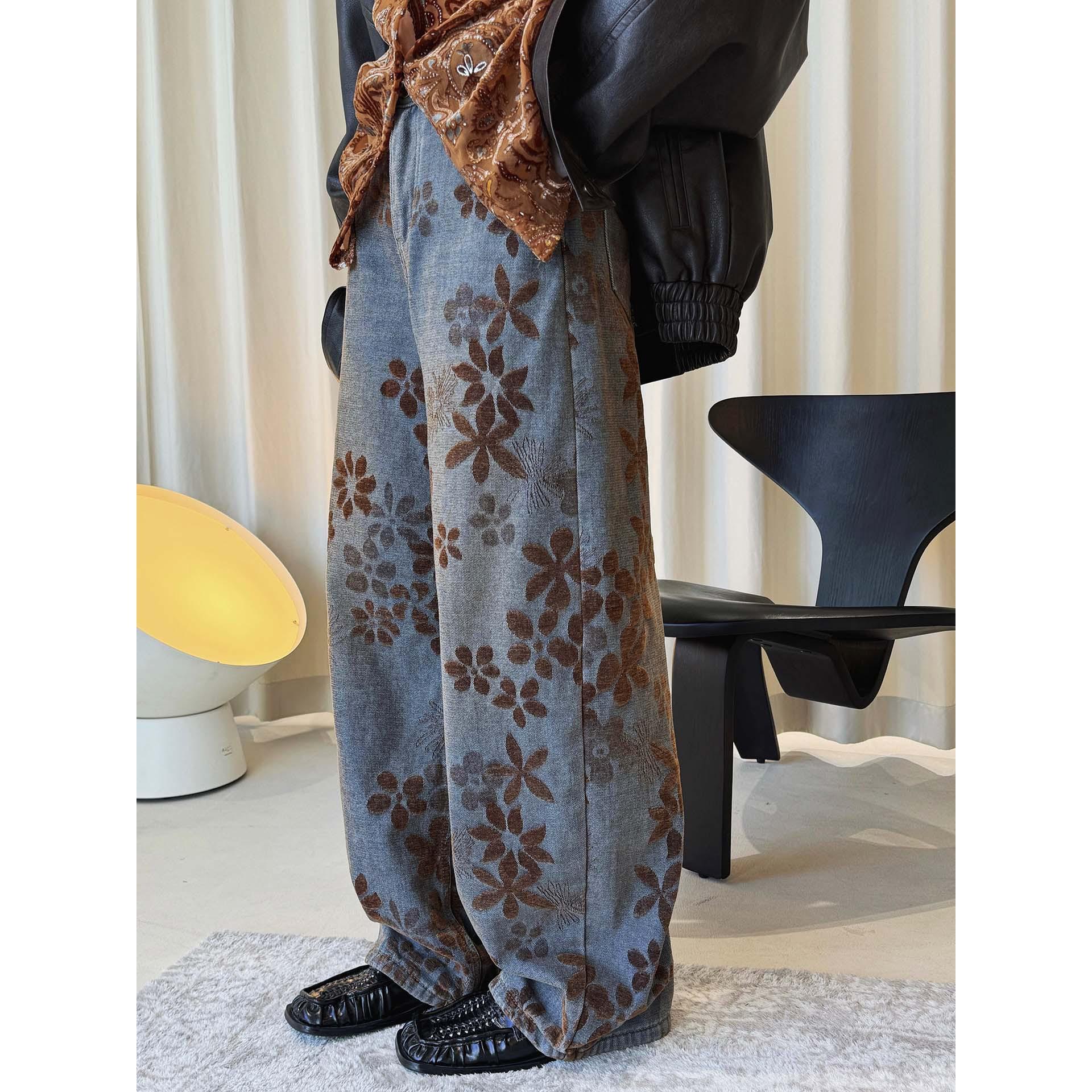 

Johnature Winter Korean Vintage Yellow Embroidered Thickened Casual Loose Fit Pants For Women L джинсовий