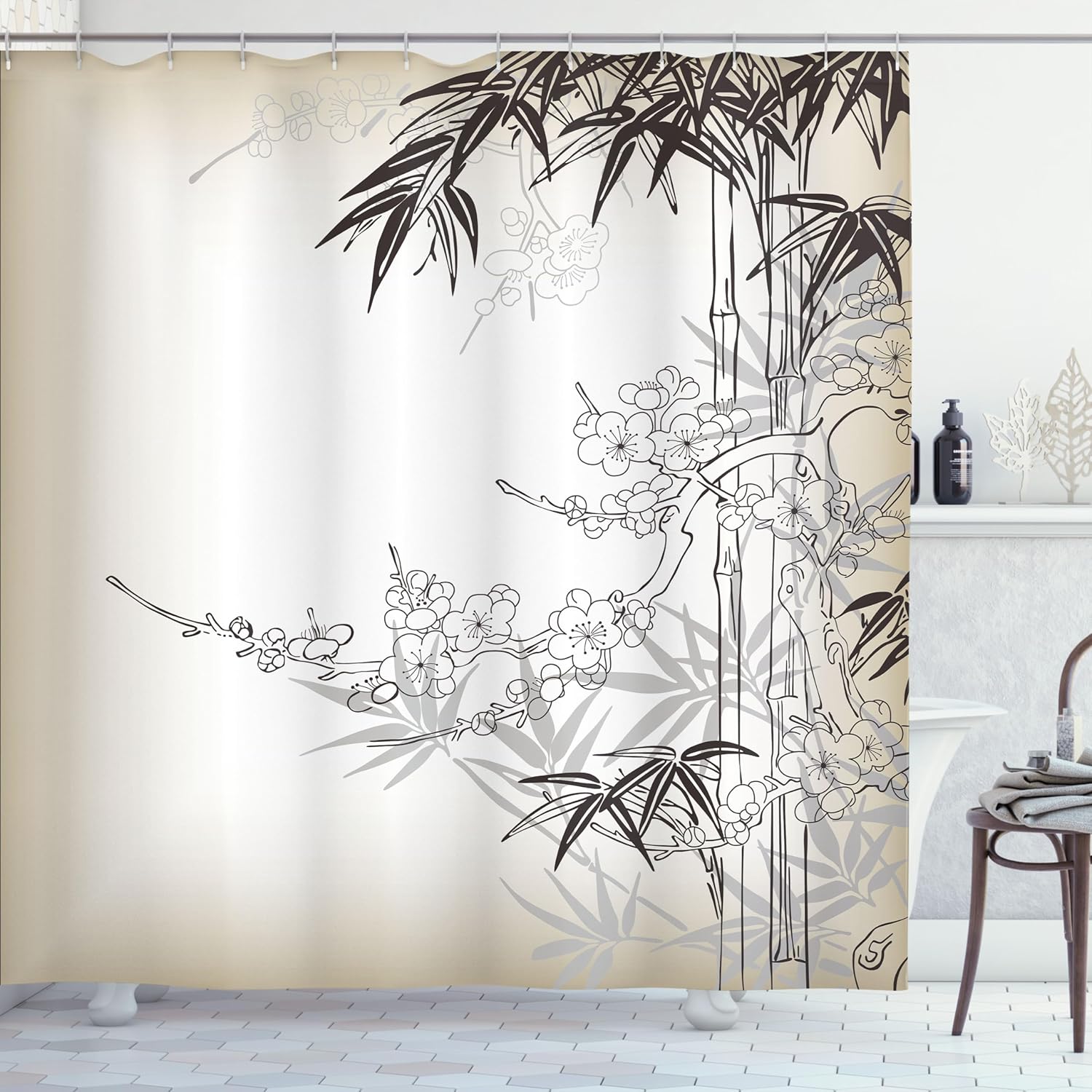 Dunika Chen Japanese Sakura Bamboo Shower Curtain With Hooks – Traditional East Asian Art, Cherry Blossom & Autumn Theme Bathroom Decor
