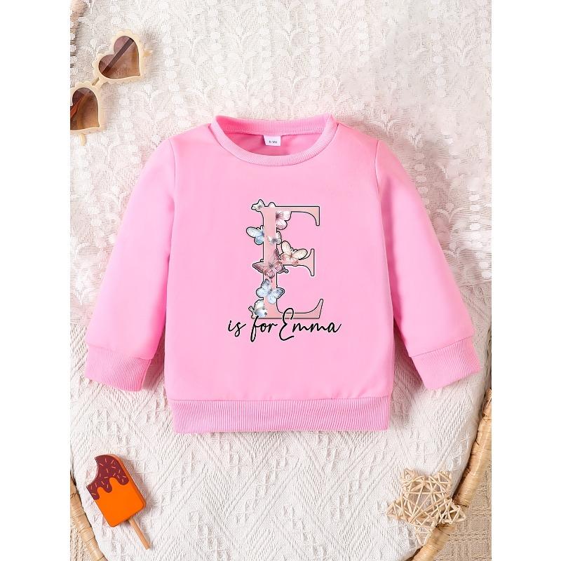 European Sizes Customized Children'S Round-Neck Sweatshirt, Pink Butterfly Letter Shirt, Initial Personalized Sweatshirt, Kids' Round-Neck Sweatshirt