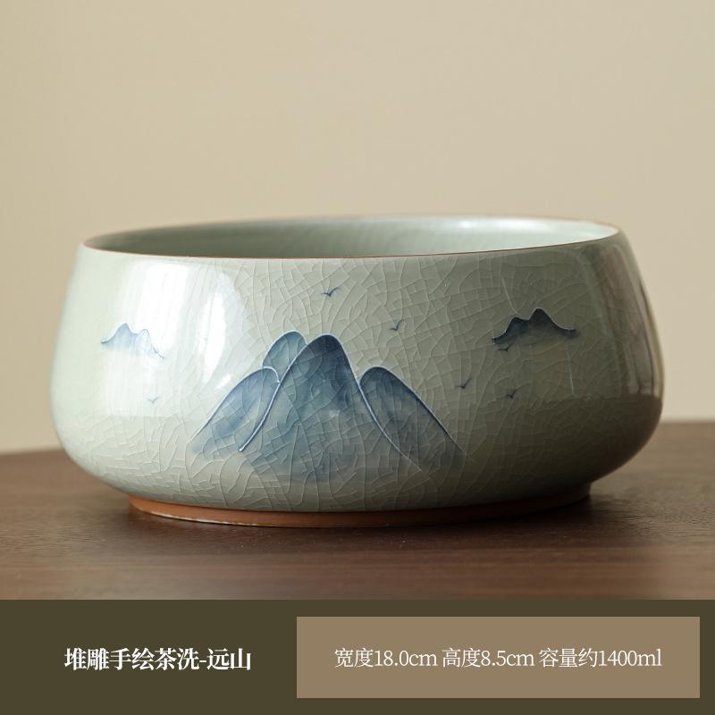Glazed Hand-Painted Ge Kiln Jianshui Ceramic Extra Large Tea Washing Tea Residue Tank Water Tank Household Tea Set Tea Cup Washing Storage Bowl