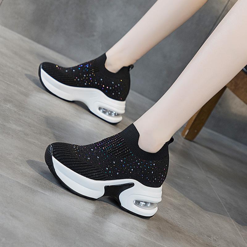 Fashion 8cm Air Mesh Platform Sneakers Wedge Crystal Shoes White Black Height Increased High Heel for Women Slip on Shoes Vulcanized New