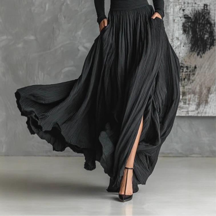 Black High Neck Long Sleeve Turtleneck Top and Pleated Wide Leg Skirt Set