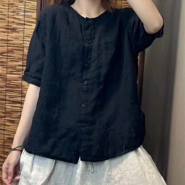 Chiffon Baumwolle Leinen Rundhals T-Shirt Damen Sommer Vintage Kunst Locker Hemd Offener Cardigan Kurzes Hemd für Damen