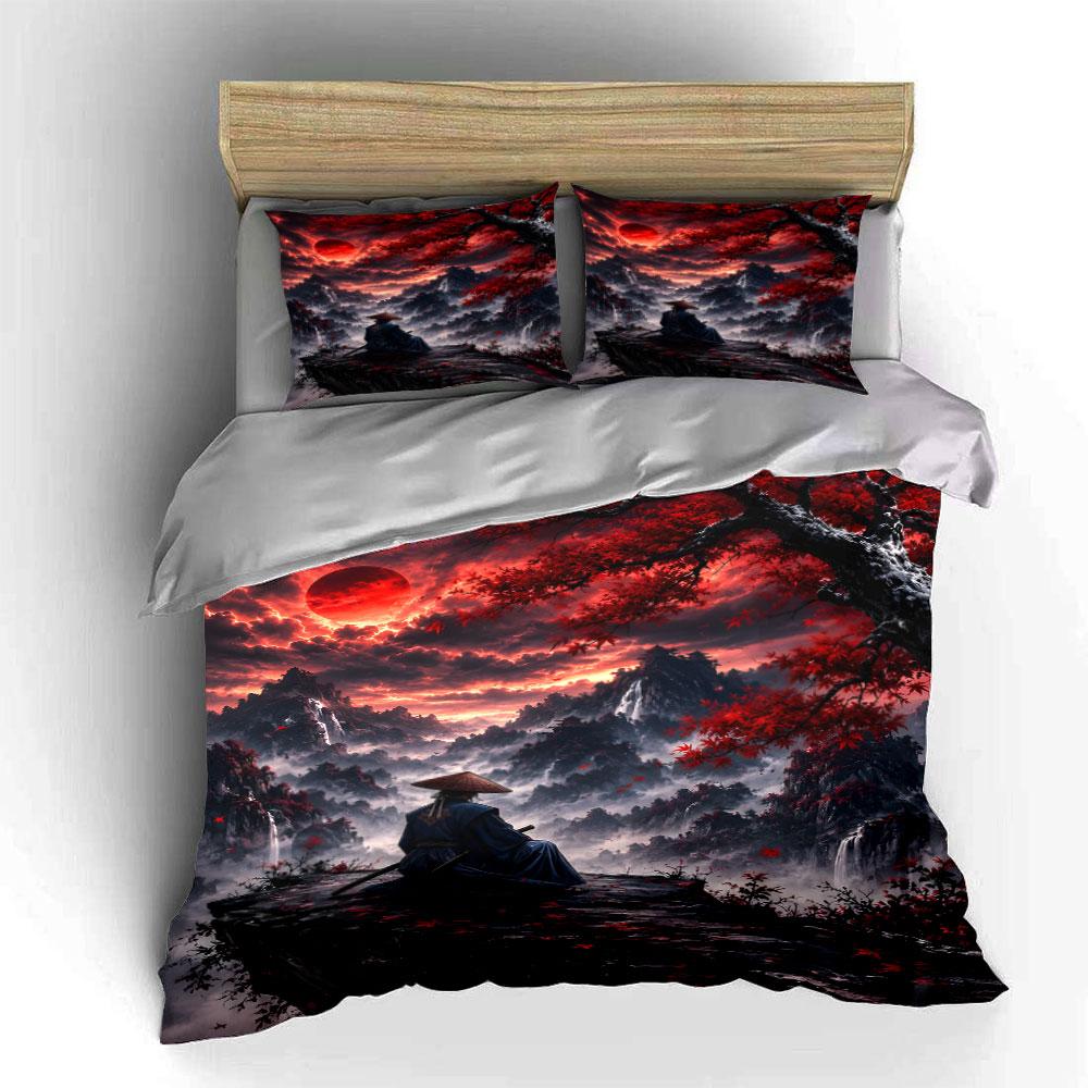 Set Copripiumino Scena Samurai Sotto la Luna Rossa (1*Copripiumino 2*Federe, senza piumino)