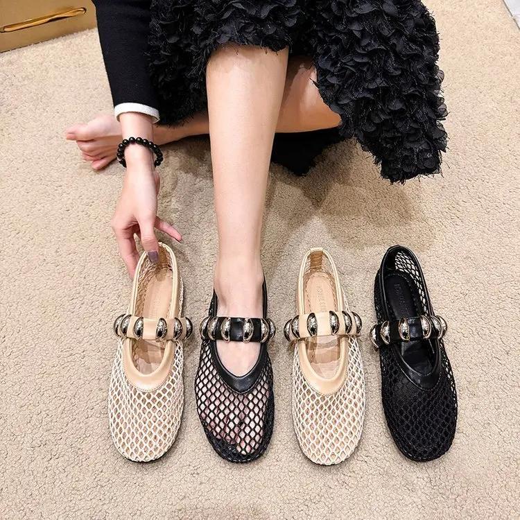 Wiosenne nowe płaskie buty okrągła głowa płytkie usta siateczka oddychająca metalowa klamra miękka podeszwa antypoślizgowe pojedyncze buty