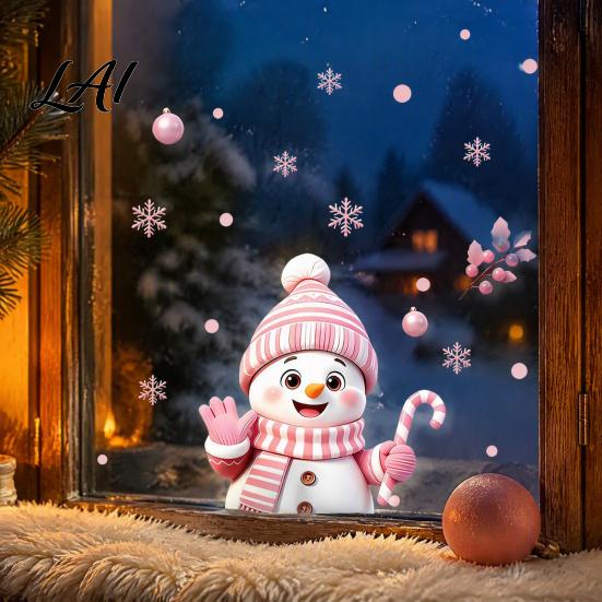 Removable Balcony Glass Film Christmas Snowman Static Stickers Decorative Pink Decals Waterproof PVC Creative Gift for Friends Window Clings
