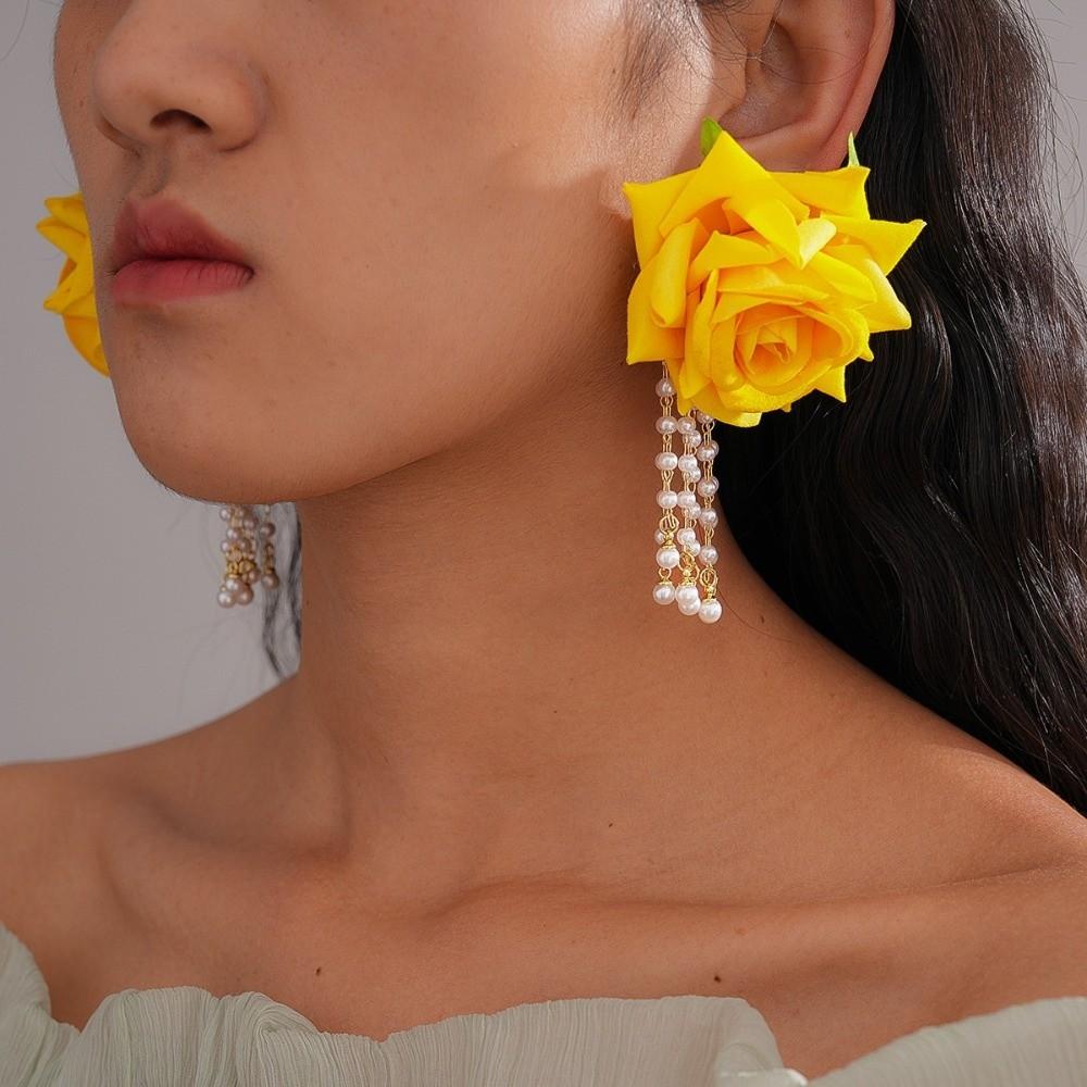 1 Pair with Beads Tassel Yellow Rose Earrings Temperament Chinese Rose Earrings Birthday