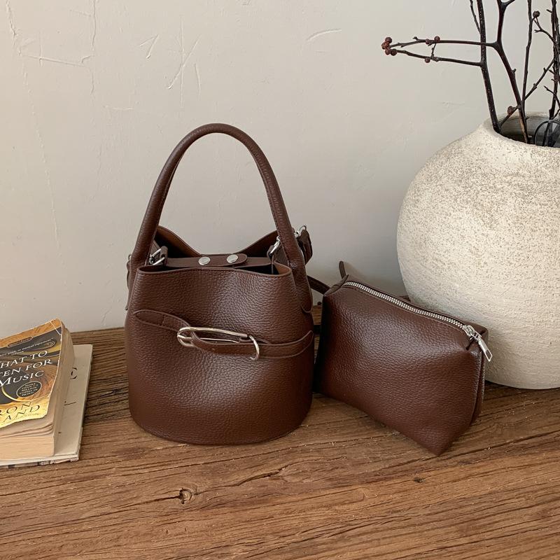 Litchi-pattern Handbag - Soft Leather Bucket Bag - Versatile Commuter Crossbody Bag