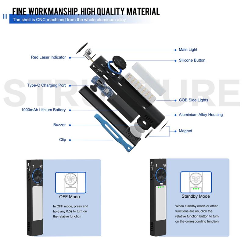 KDULIT YC8001 Multifunctional LED Flashlight USB Rechargeable EDC Keychain Light 1000LM IP68 Waterproof Torch Camping Lanter