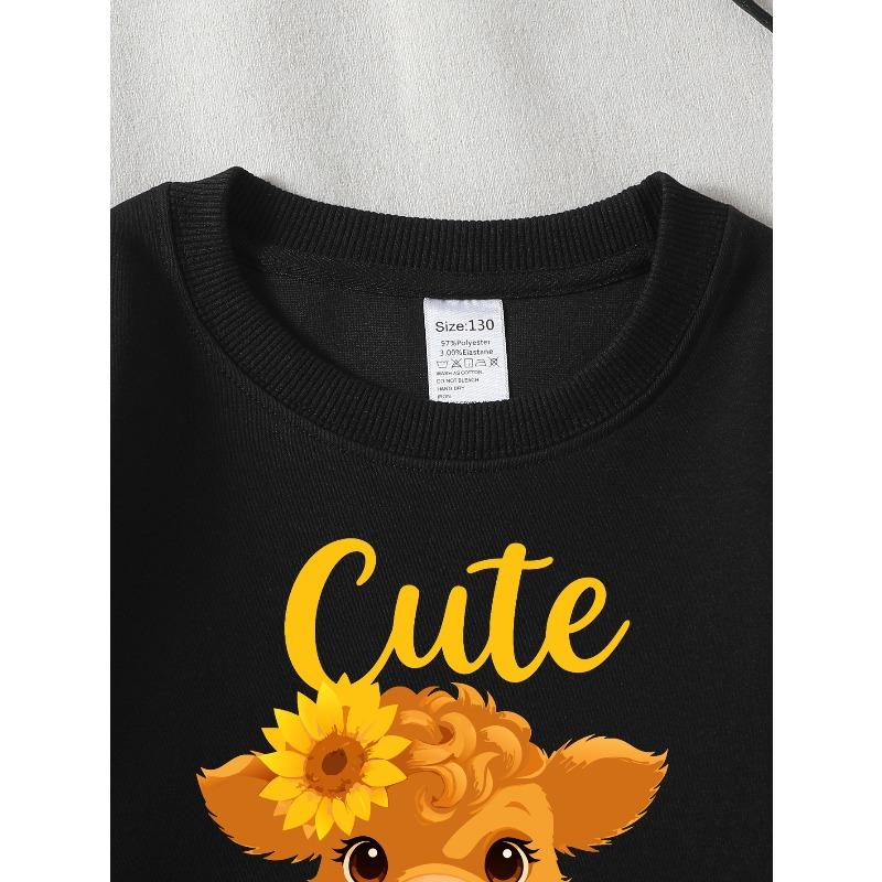 Kids Crewneck Long Sleeve Sweatshirt,Cute Cartoon Calf with Sunflowers Graphic Print