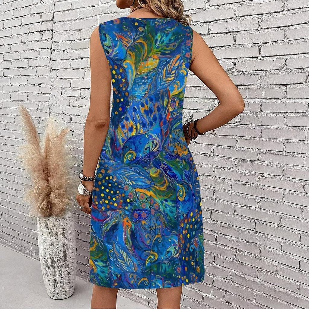 Plus Size V Neck Sleeveless Dress Verdant Mountain Waterfall Art Print For Wilderness Adventure Tour
