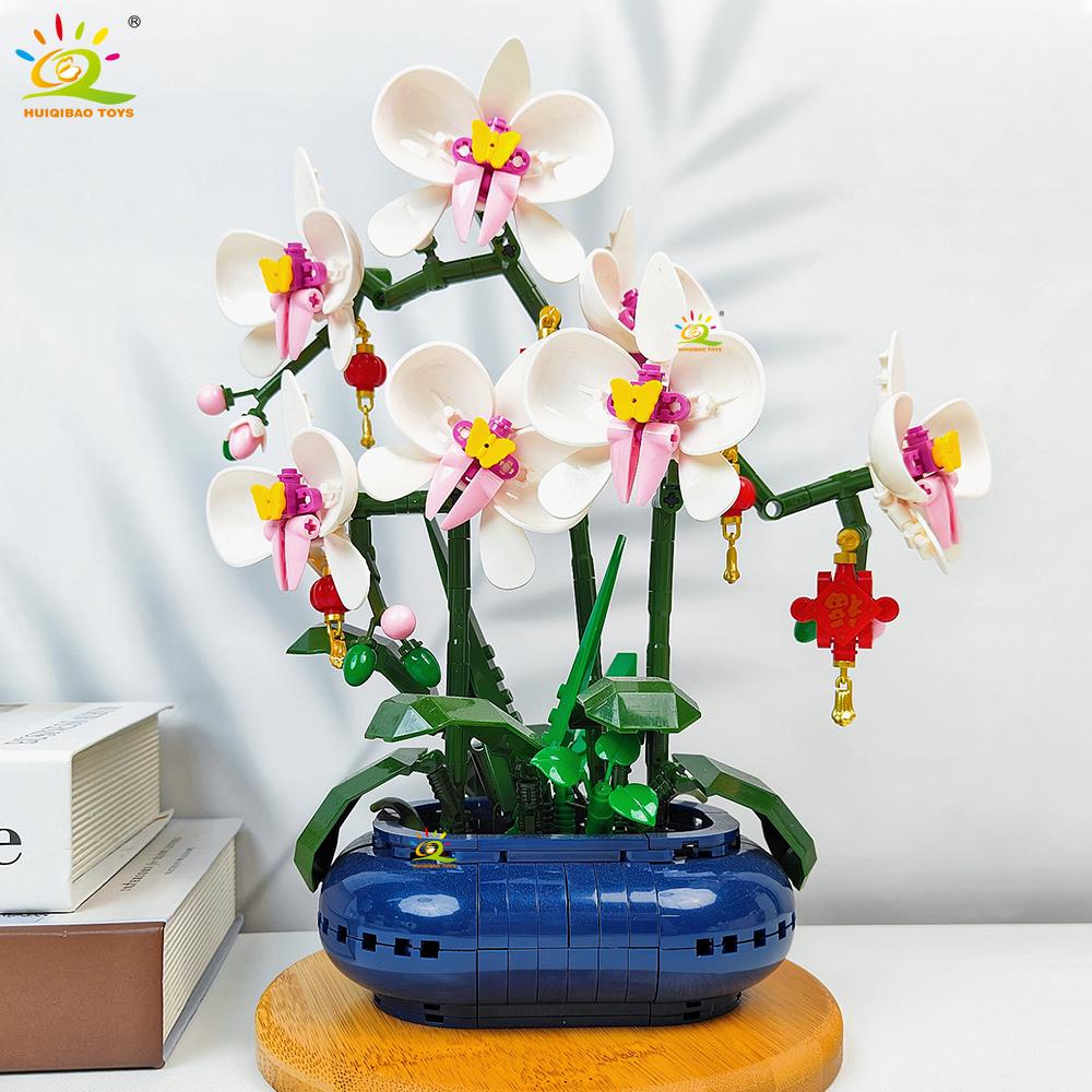 Non-Toxic 587Pcs Moc Orchid Flower Potted Series Building Blocks Bouquet Model Bricks Set Toy For Children Desk Home Decoration