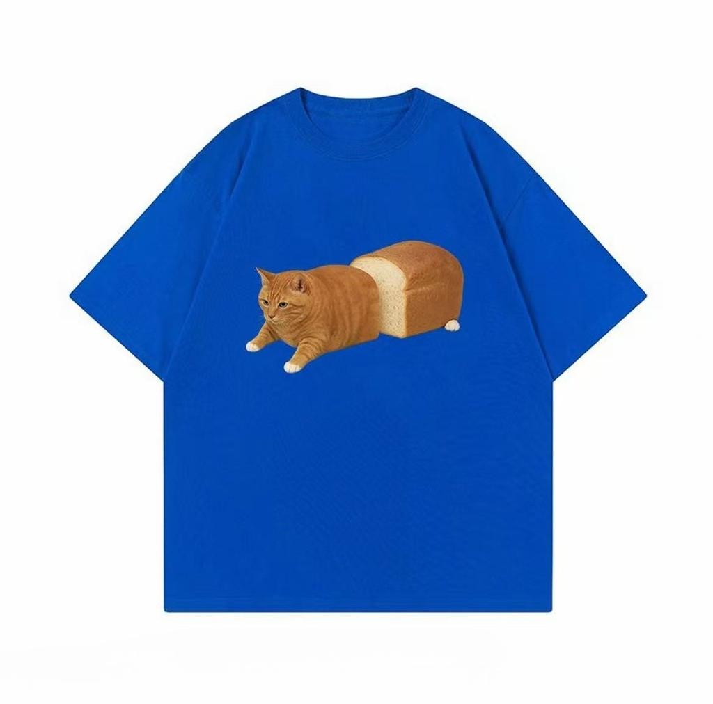 Summer Loose Funny Bread Cat Print Tshirt Unisex Oversized Cotton Short Sleeve Tee Harajuku Streetwear Casual Summer Tops