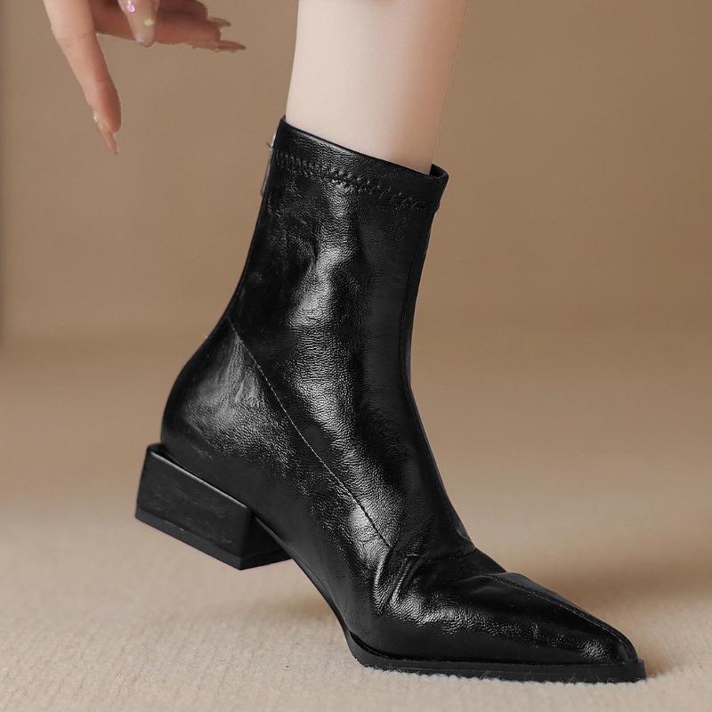 Pointed Low Heel Brown Elastic Thin Boots Autumn and Winter New Thin Short Boots Women's Retro Chelsea Boots