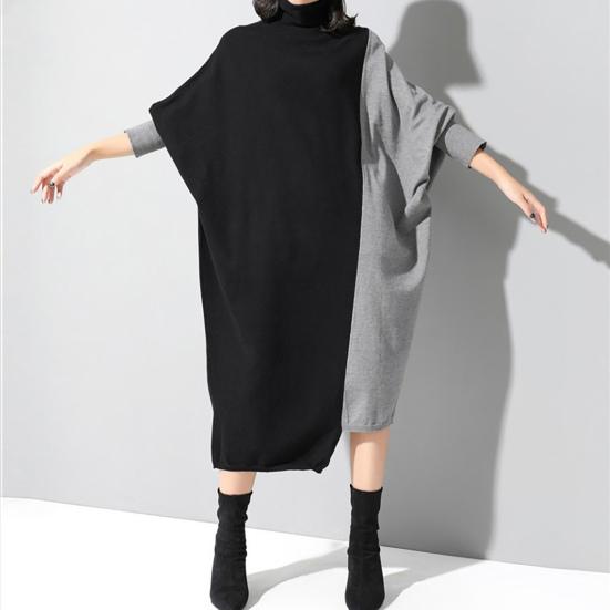 Turtleneck Batwing Long Sleeve Loose Fit Draped Women Dress Autumn Winter Contrast