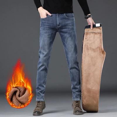 Blugi elastici termici pentru bărbați, iarnă, cu pluș, blugi subțiri, cu picioare înguste, pantaloni lungi din denim, pantaloni lungi, la modă coreeană