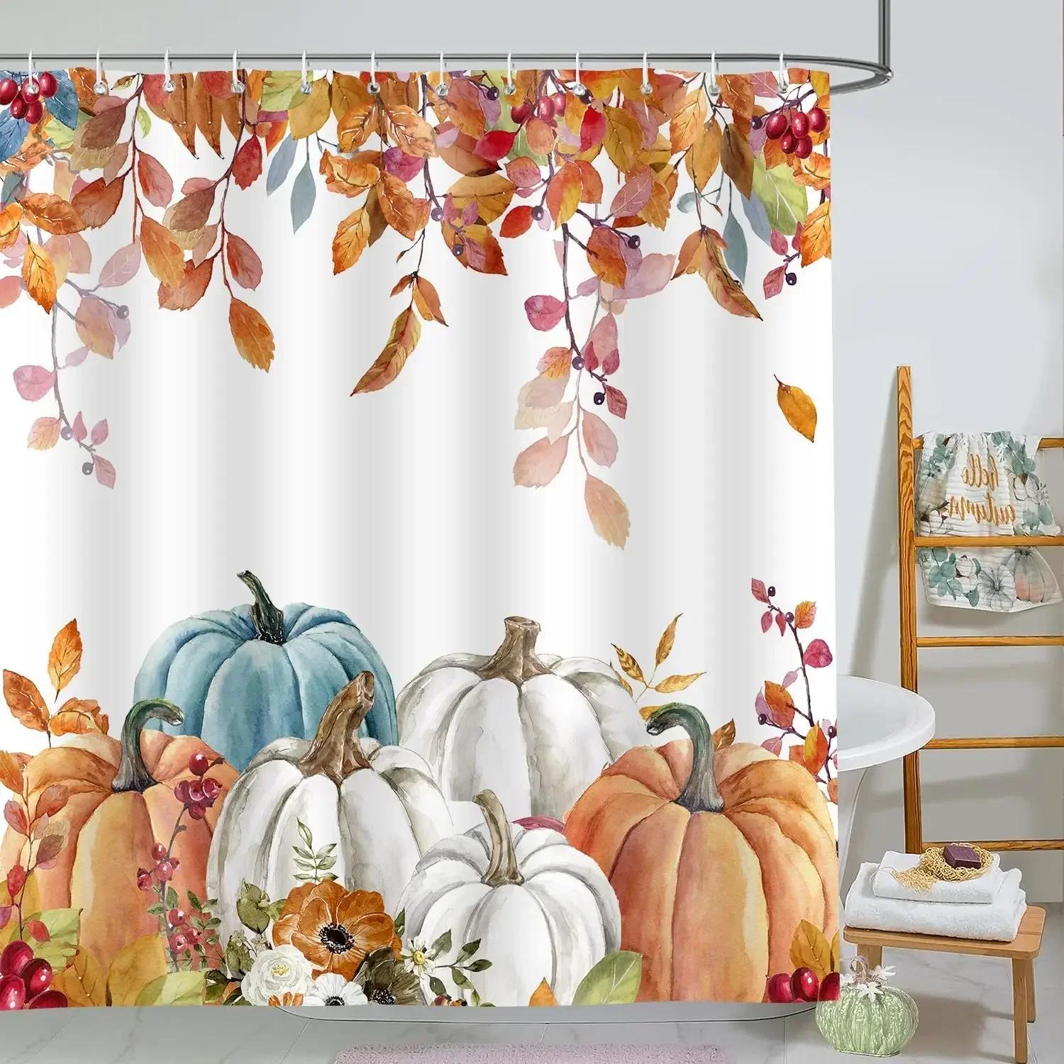 

Fall Pumpkin Shower Curtains For Bathroom Thanksgiving Teal Eucalyptus Leaves Watercolor Farmhouse Rustic Vintage Bathroom W60H190(CM)-1 Pcs