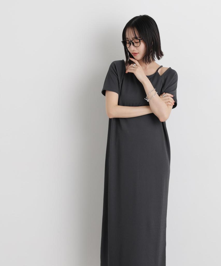 Neck Ribbed Cut Dress for Size 023 [Nano Universe] Layered-Like Women, F, Charcoal, 673-6119323