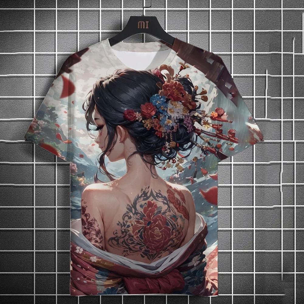 Men's T-shirt 3D printed anime goddess back tattoo print T-shirt casual loose short sleeved T-shirt men's home clothing top