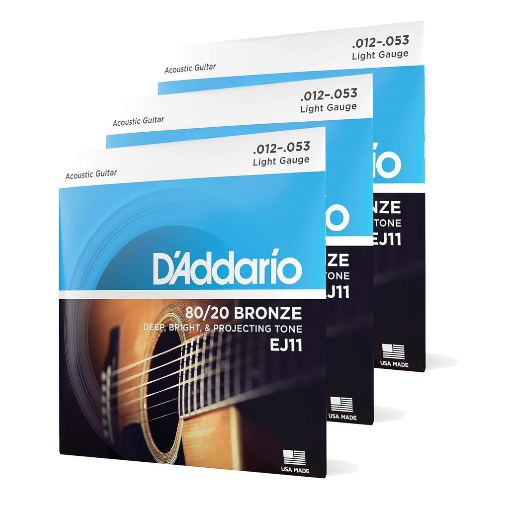 Бронзовые струны для акустической гитары D'Addario, 80/20 Light, .012-.053, EJ11-3D, 3 упаковки