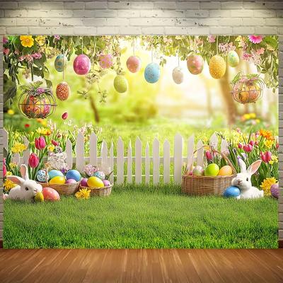 2D Easter Photo Booth Backdrop, Spring Garden with Bunnies & Floral Photography Background