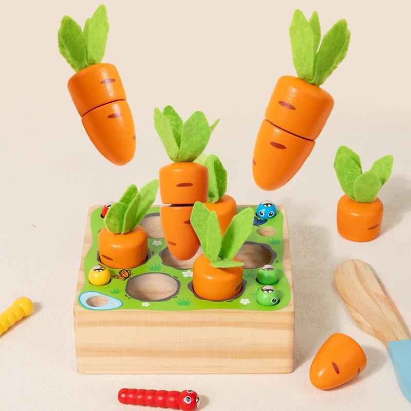 Pulling And Wooden Cutting Carrot Insect Catching Game Children Puzzle Toy