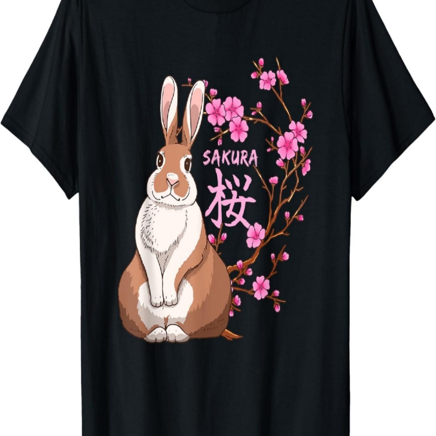 Rabbit Sakura Cherry Blossom Flower Trees T-Shirt(1) S чёрный