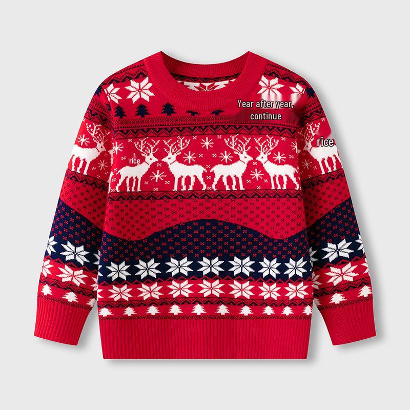 Red Reindeer Jacquard Knit Christmas Sweater for Couples - Autumn/Winter Casual Round Neck