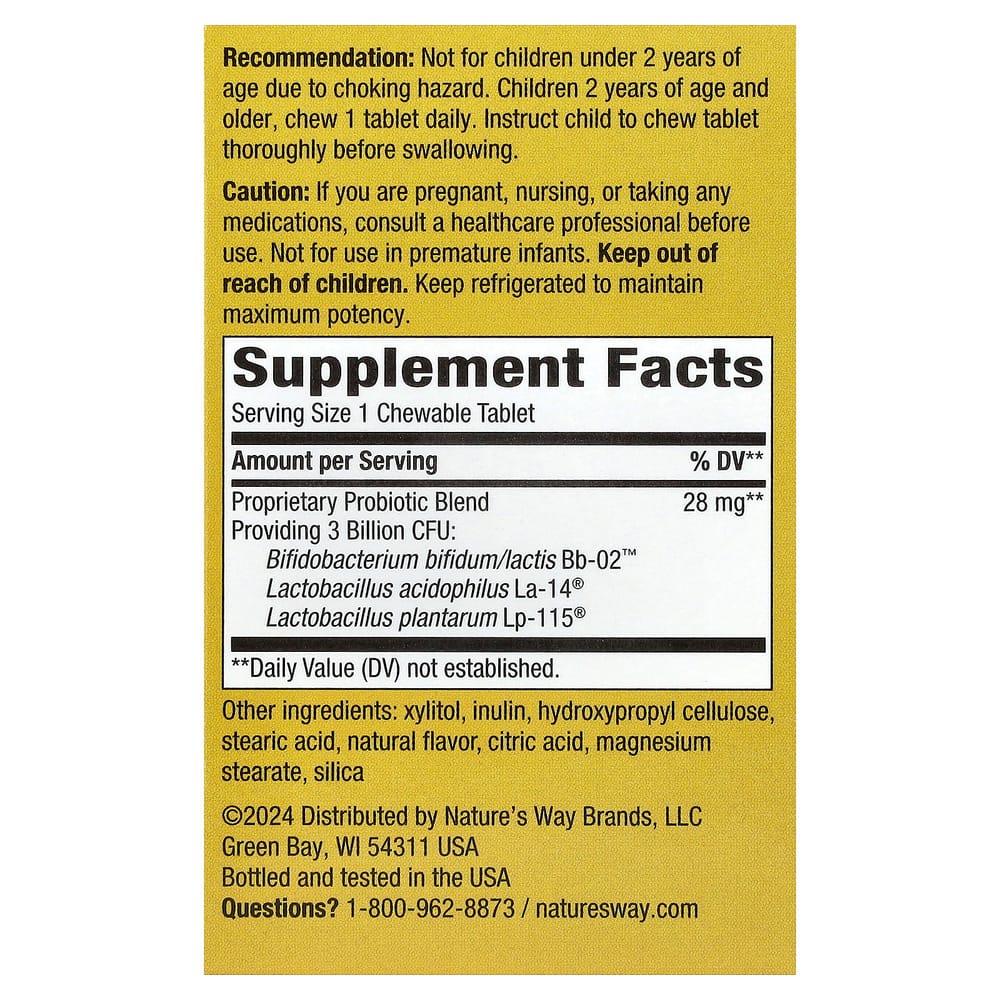 Nature's Way Primadophilus Children's Probiotic, 2+ Years, Orange Flavor, 3 Billion CFU Chewables, 30 Tablets