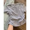 Women Lace Trim U-neck T-shirt Short Sleeve Side Ruched Casual Solid Color Tee with Bow Embroidery
