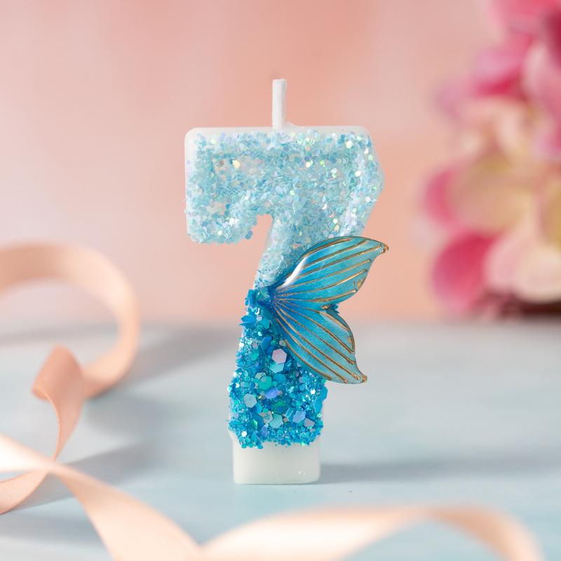Creative Blue Gradient Mermaid Tail Number Candle for Children's Birthday Cake Party, Age One