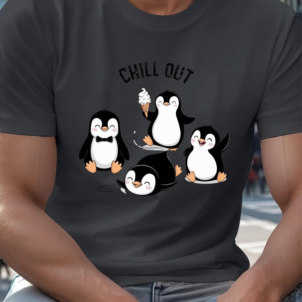 Chill Out Penguins Graphic Tee Men Summer Casual Short Sleeve Crew Neck TShirt Breathable Print