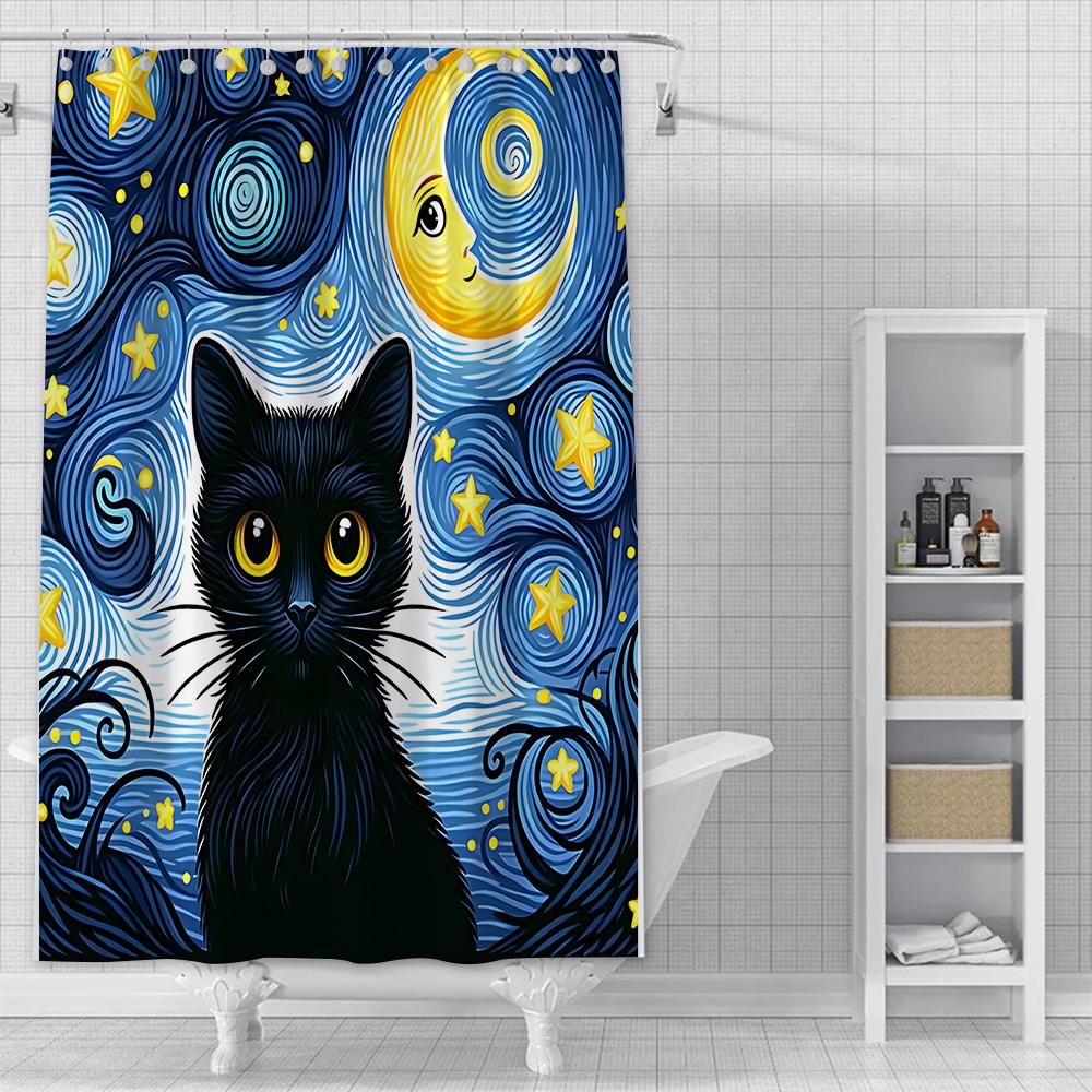 Shower Starry Sky Cat Curtain Waterproof Polyester Fabric Paint Colorful Bath Curtains Home Bathroom Decor Curtain With Hook