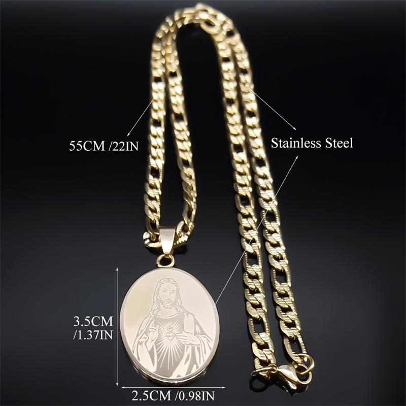 Christian Jesus Sacred Heart Medal Necklace for Men Women Stainless Steel Gold Plated Religious Necklace Jewelry Gift NZZZ141S05