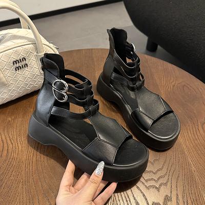 Women Sandals Summer 2026 Mid Heeled Wedges Shoes for Women Retro Leather Gladiator Sandals Platform Rome Sandalias De Mujer