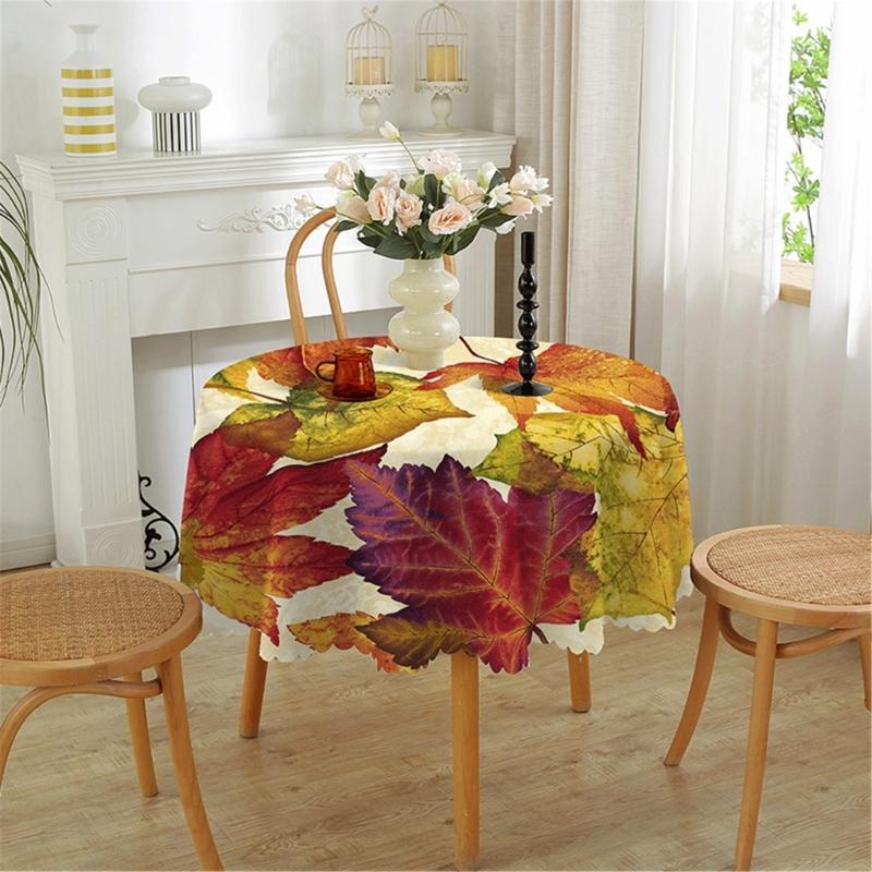Table Cloth Autumn Leaves and Pumpkin Patterns Round Tablecloth 150cm for Thanksgiving Party Decoration