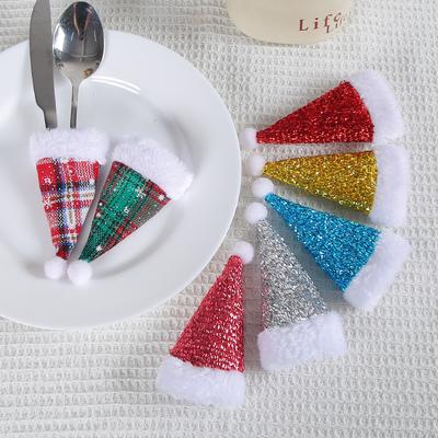 Weihnachts Pailletten Messer- und Gabelset kreativ Mini Weihnachtshut Messer- und Gabeldekorationen Desktop Weihnachtsrequisiten Ornamente