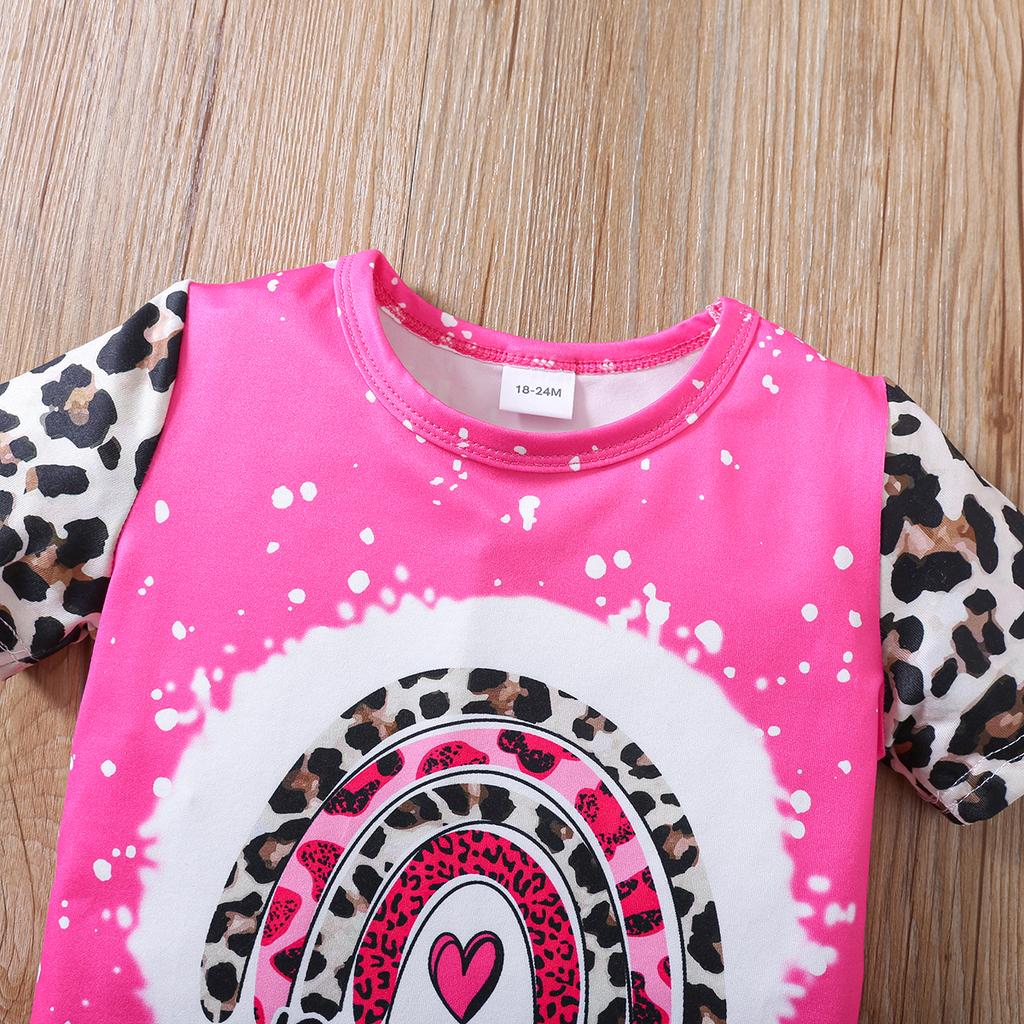 Girls Summer Two-piece Outfit Rainbow Snowflake Leopard Print Spliced Top and Shorts Casual Set