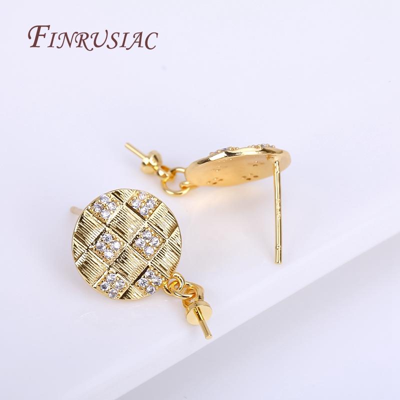 18K Real Gold Plated Zircon Inlaid Round Post Earring Findings Accessory With Pearl Pendant Mounting,DIY Earring Jewelry Making