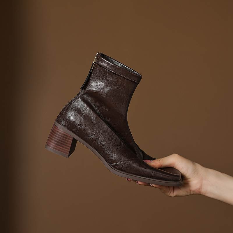 Krazing Pot Microfiber Square Toe Thick Heels Chelsea Boots Size 42 Zip Women Concise Style Elastic Ankle Boots