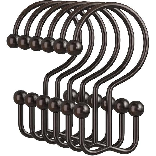 Amazer Black Shower Curtain Hooks, 12PCS Minimalist Simple Double Shower Curtain Rings, Rust-Resistant Metal Shower Hooks Shower Curtain Hangers,